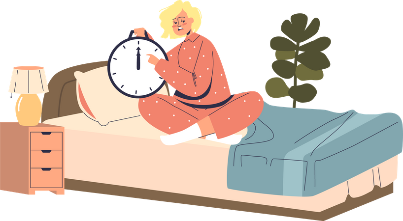 Junges schlafloses Mädchen sitzt auf dem Bett und leidet an Schlaflosigkeit  Illustration