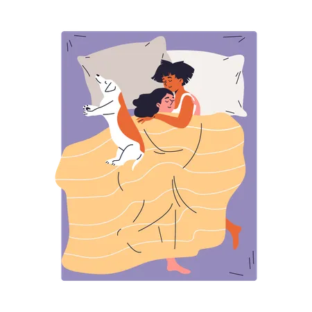 Junges weibliches lesbisches Paar umarmt sich unter der Decke, die mit Hund auf dem Bett liegt  Illustration