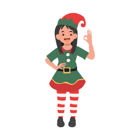 Junges Weihnachtselfenmädchen mit OK-Handzeichen  Illustration