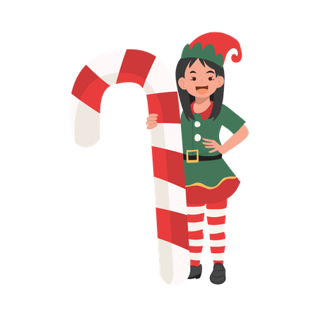 Junges Weihnachtselfenmädchen mit Zuckerstange  Illustration