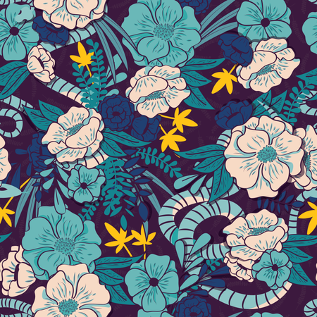 Jungle florale avec motif sans couture de serpents, fleurs et feuilles tropicales, botanique dessinée à la main vibrante  Illustration