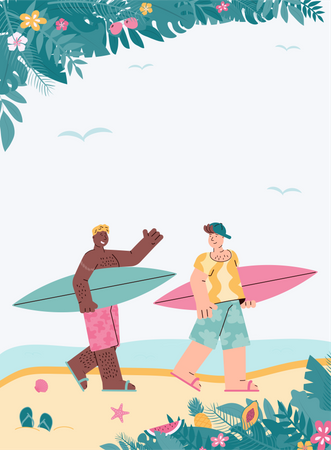 Jungs laufen mit Surfbrett am Strand entlang  Illustration