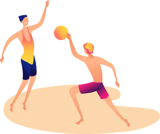 Jungs spielen mit Ball am Strand  Illustration
