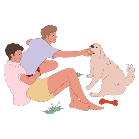 Jungs spielen mit Hund  Illustration