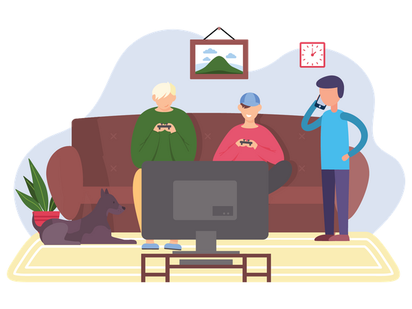 Jungs spielen zusammen Videospiele  Illustration
