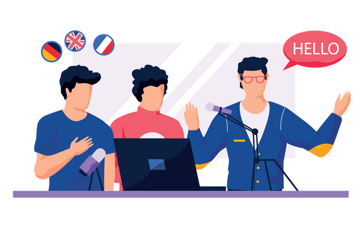 Jungs sprechen Fremdsprachen in einem Aufnahmestudio  Illustration