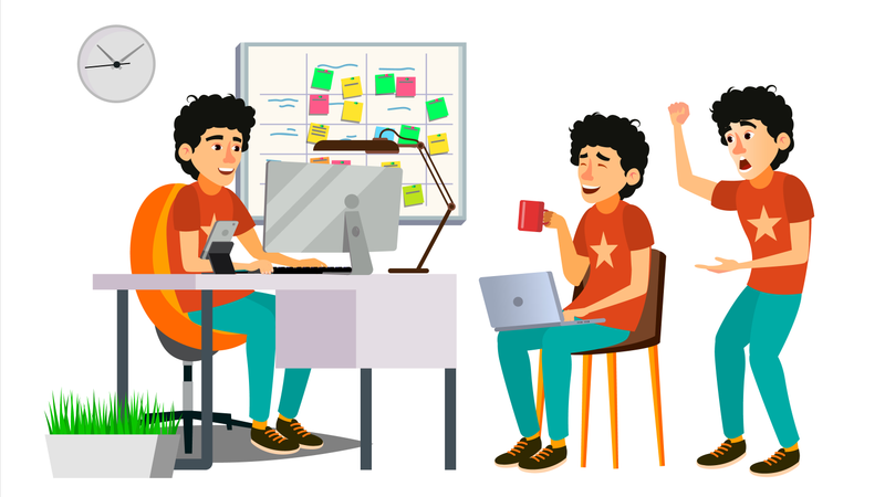 Junior Programmer Working On Desk In Office  Illustration