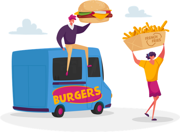 Junkfood vom Streetfood-Truck kaufen  Illustration