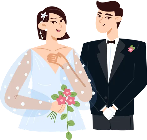 Bride With A Bouquet Of Flowers And Groom At The Wedding Flat Style Illustration 일러스트레이션