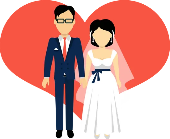 Newlyweds Couple Design Banner Concept Flat Style Beautiful Young Couple Newly Married Couple Isolated On A Red Background Love People And Wedding Groom And Bride Marriage Vector Illustration Illustration