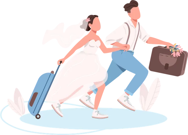 Just married couple with suitcases Illustration