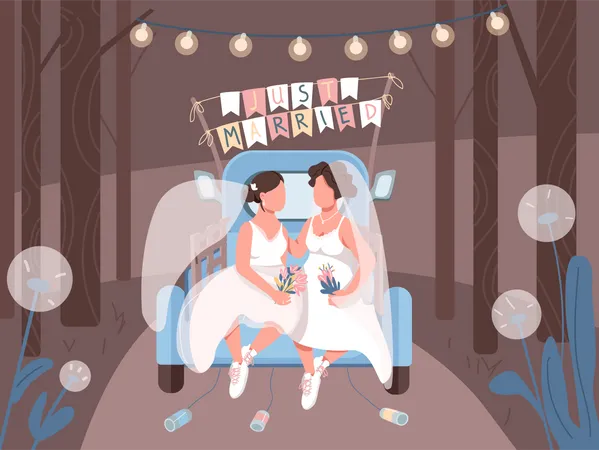 Just married lesbian couple in car Illustration