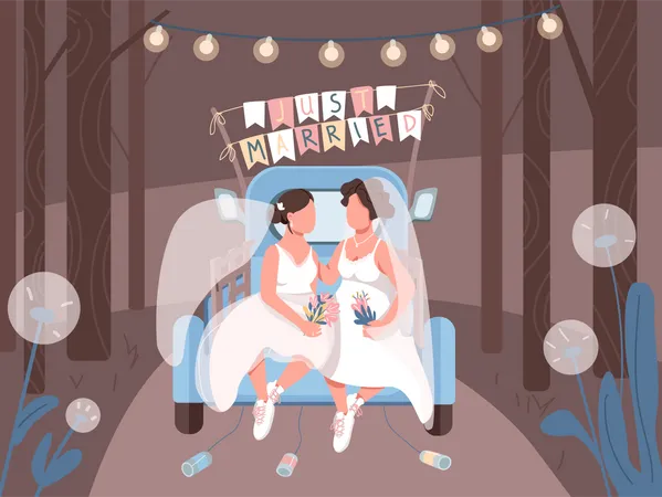 Just married lesbian couple in car  Illustration