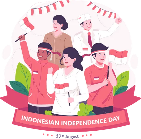 Jovens comemoram o dia da independência da Indonésia segurando a bandeira vermelha e branca da Indonésia  Ilustração