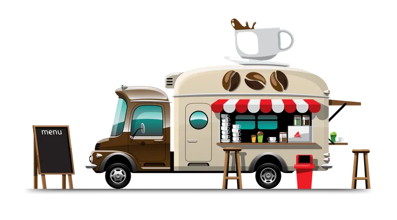 Seitenansicht Des Food Trucks Mit Cafe Menu Und Holzstuhl Modell Kaffeetasse Auf Dem Auto Gelber Hintergrund Auf Weissem Boden Vektorgrafik Illustration
