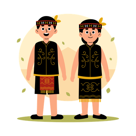 文化服を着た西カリマンタンの伝統的なカップル、西カリマンタン ボルネオ島  イラスト