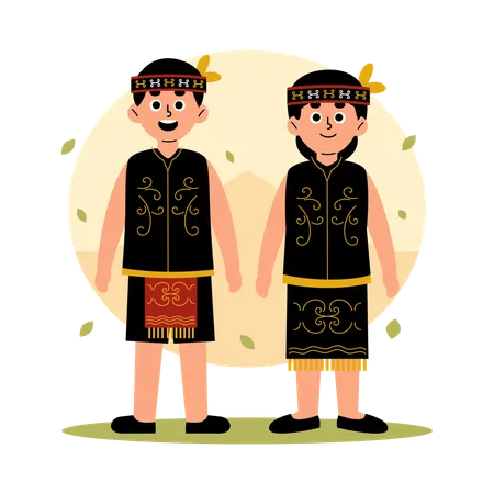 文化服を着た西カリマンタンの伝統的なカップル、西カリマンタン ボルネオ島  イラスト