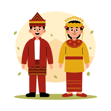 文化衣装を着た南カリマンタンの伝統的なカップル、南カリマンタン ボルネオ島  イラスト