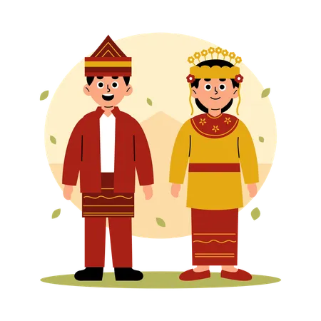文化衣装を着た南カリマンタンの伝統的なカップル、南カリマンタン ボルネオ島  イラスト