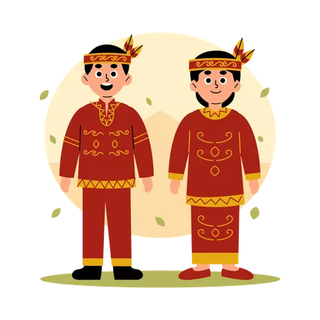 Kalimantan Tengah Traditional Couple in Cultural Clothing, Central Kalimantan Borneo  Illustration