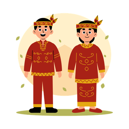 중앙 칼리만탄 문화복을 입은 전통 커플, 중앙 칼리만탄 보르네오  일러스트레이션