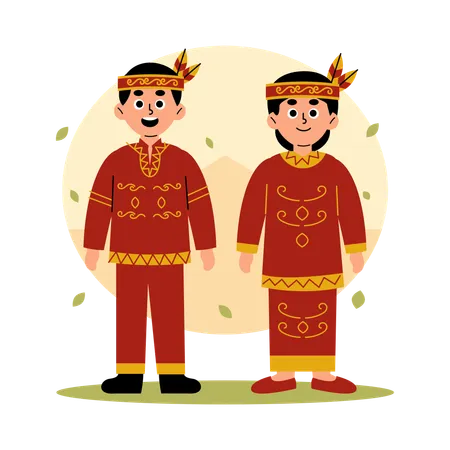 文化衣装を着た中央カリマンタンの伝統的なカップル、中央カリマンタン ボルネオ島  イラスト