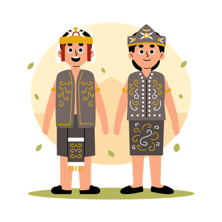 ボルネオ島東カリマンタンの民族衣装を着たカリマンタンのティムール族の伝統的なカップル  イラスト