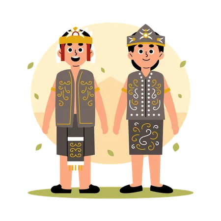 ボルネオ島東カリマンタンの民族衣装を着たカリマンタンのティムール族の伝統的なカップル  イラスト