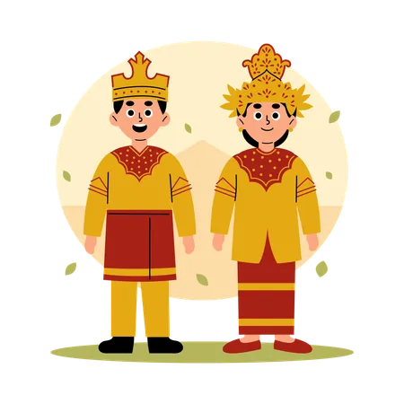 文化的な衣装を着た北カリマンタンの伝統的なカップル、北カリマンタン ボルネオ  イラスト