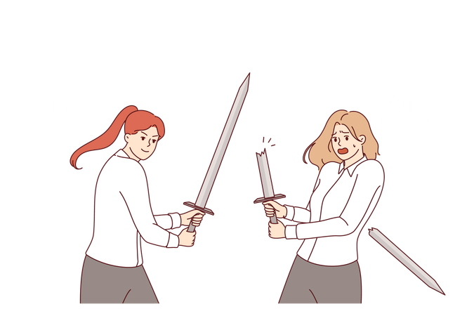 Kampf der Geschäftsfrauen mit Schwertern um vakante Führungspositionen mit hohem Gehalt  Illustration