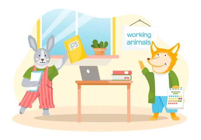 Kaninchen und Fuchs arbeiten im Büro  Illustration