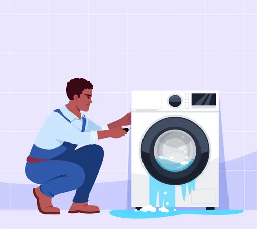 Defekte Waschmaschine und professioneller Reparaturmann  Illustration