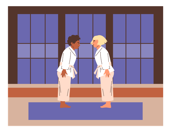 Karate girl and  guy in  kimono performing  greeting bow  Illustration