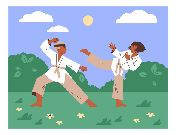 Karate kids in  traditional kimono practice karate poses in nature  Illustration