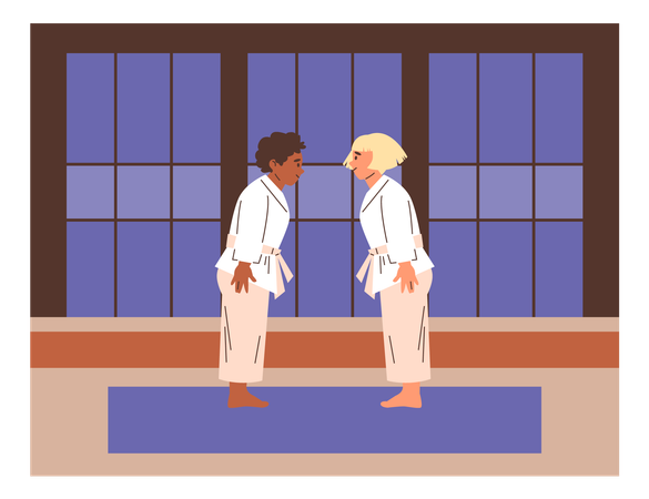 Une fille et un garçon de karaté en kimono effectuant une révérence de salutation  Illustration