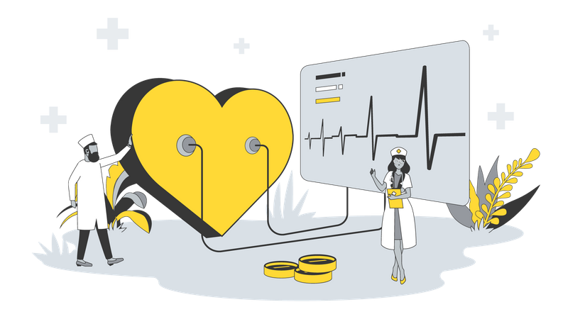 Kardiologe untersucht Herz und Krankenschwester schreibt Rezept für Medikamente  Illustration