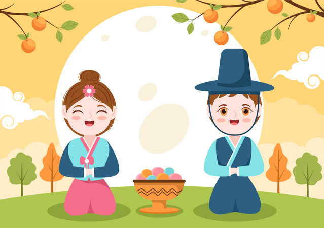 Casal Karena vestindo roupas tradicionais no Dia de Chuseok  Ilustração