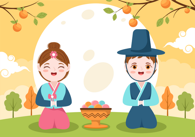Karena couple wearing traditional cloth on Chuseok Day Illustration