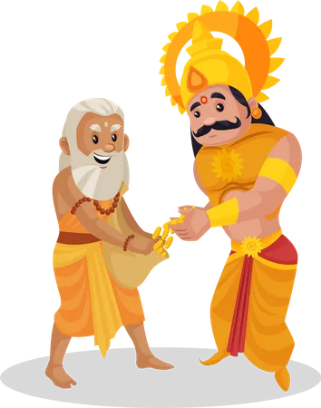 Karna donando oro a un monje  Ilustración