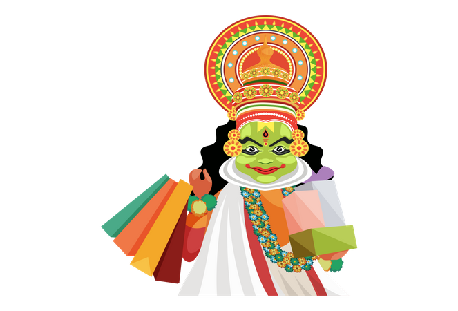 Dançarina Kathakali segurando sacolas de compras e presentes  Ilustração