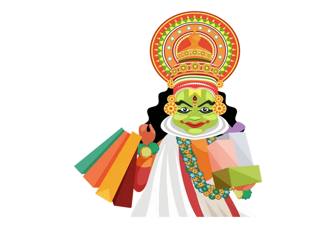 Kathakali dancer holding shopping bags and gifts  Illustration