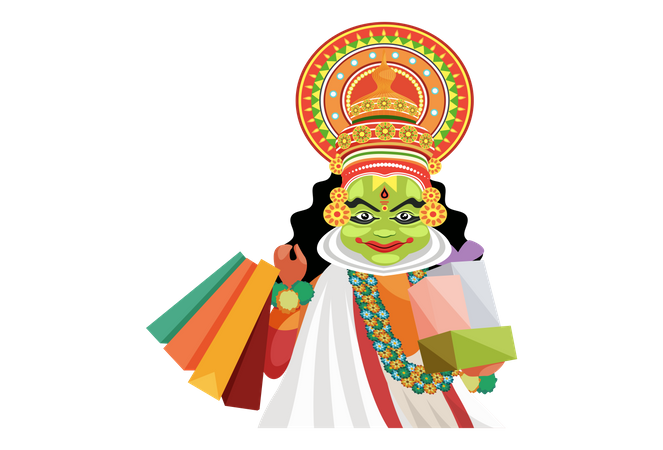 Kathakali dancer holding shopping bags and gifts  Illustration