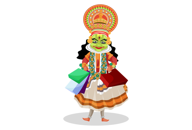 Kathakali dancer holding shopping bags  Illustration