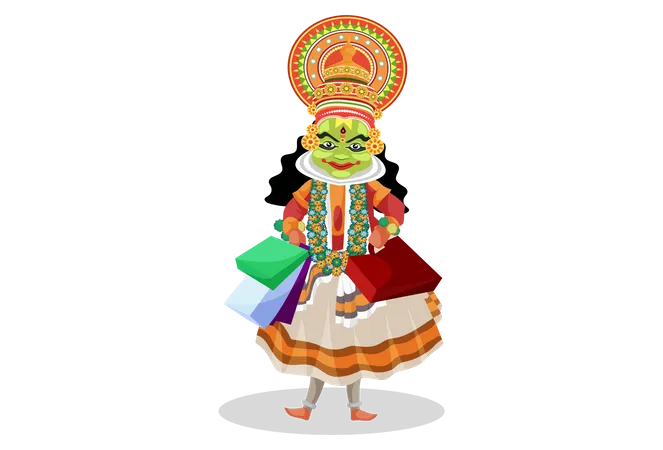 Kathakali dancer holding shopping bags  Illustration