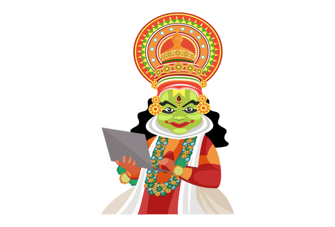 Kathakali dancer using laptop  Illustration