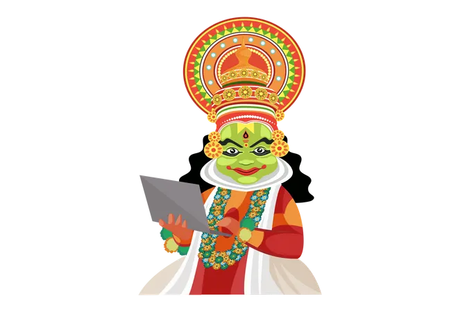 Kathakali dancer using laptop  Illustration
