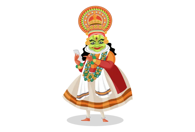 Kathakali dancer using mobile  Illustration