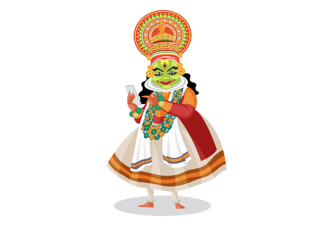 Kathakali dancer using mobile  Illustration