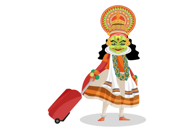 Kathakali dancer walking with luggage bag  Illustration