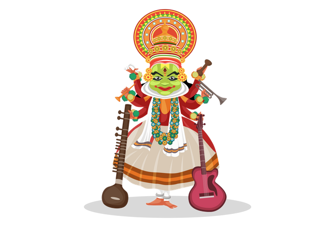Kathakali dancer with musical instruments Illustration